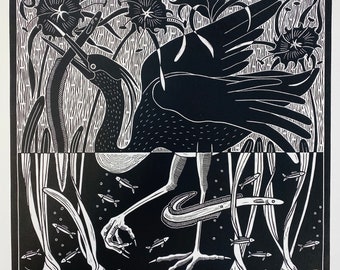 May include: Black and white woodcut print of a heron standing in a pond with its long legs and beak submerged in the water. The heron is surrounded by lily pads and small fish. The print is titled "Heron in the Lilies" and signed "Normay T. Justin" 2023.