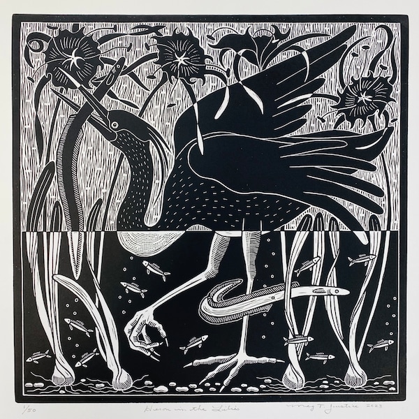 Heron in the lilies Linocut in black, Waterbird original Art, hand carved heron blockprint,nature art, bird linocut print