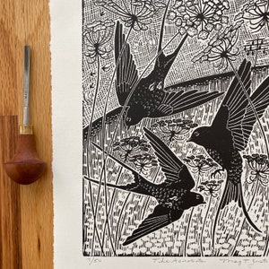 The Acrobats linocut in black,barn swallow blockprint,bird lovers gift,bird linocut print,bird wall art, landscape with birds,linoprint art