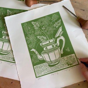 Spring, floral linocut print, spring green,vintage coffee pot,queen Anne’s lace,gardener gift, wall decor,block print, flower art