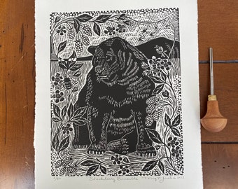 Blackberry bramble bear linocut print in black,bear blockprint,wildlife art,nature lovers gift,cabin ,animal linocut art, blackberry wallart