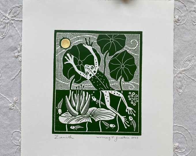 Zenith Frog Linocut Print in Green,handpainted Gold Sun,frog Jumping