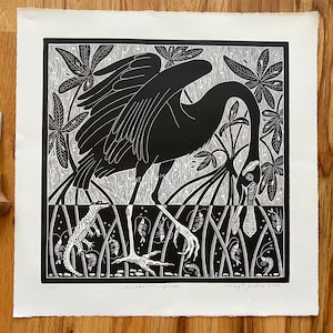 In The Mangroves in black ,bird linocut print,spoonbill handprinted linoprint,shore bird art,bird wall art,wildlife linocut print, bird Lino