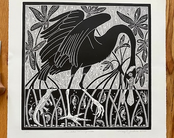 In The Mangroves in black ,bird linocut print,spoonbill handprinted linoprint,shore bird art,bird wall art,wildlife linocut print, bird Lino