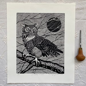 Solstice Moon in black, linocut print,owl art, moon linocut, wall art,bird art, owl  decor,nature lover gift, owl blockprint, animal linocut