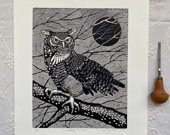 Solstice Moon in black, linocut print,owl art, moon linocut, wall art,bird art, owl  decor,nature lover gift, owl blockprint, animal linocut