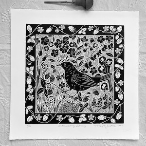 Strawberry Spring linocut print in black,blackbird in garden linoprint,bird art,strawberry blockprint,wall art,gardener art gift,flower art