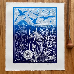 Under the Sea linocut print,handprinted blue gradient,sealife blockprint,ocean lovers gift,seahorse art,ocean life linoprint