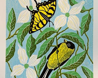 Bird and Butterfly Linocut Print, floral reduction linocut, Limited Edition original art,nature linocut,hand carved rabbit blockprint