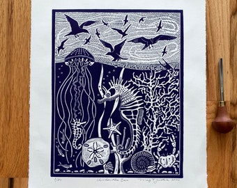 Under the Sea blue linocut print,handprinted block print,ocean lovers gift,seahorse art,ocean life art, sea life linoprint