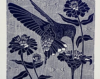 Hummingbird in the zinnias linocut in blue,hummingbird linoprint,bird in zinnias,linocut,bird art, art gift for bird lover,bird wall art