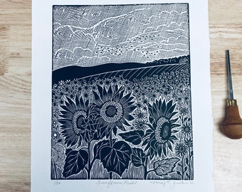 Sunflower Field linocut print in black,sunflower art,landscape blockprint,gardener gift,flower linocut art,gift for flower lover