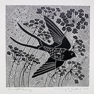 Swept Away linocut in black,swallow linoprint,bird in meadow linocut,bird art,barn swallows flying art,gift for bird lover,wall art,bird