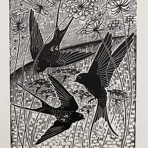 The Acrobats linocut in black,barn swallow blockprint,bird lovers gift,bird linocut print,bird wall art, landscape with birds,linoprint art