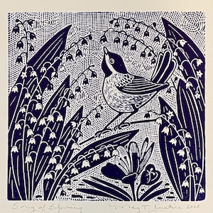 Song of spring linocut blue,lily of the valley linoprint,birds singing in the garden blockprint,spring flowers wall art,garden linocut print