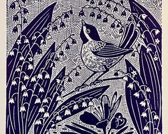 May include: A linocut print in shades of indigo and white, depicting a bird perched among lily of the valley flowers. The artwork is titled "Song of Siforing" and signed by the artist, Meg T. Justice, with the year 2025.