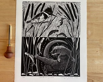 The River Ballet linocut in black,otter linocut,kingfisher linocut,riverlife blockprint art,bird art, wall art,nature lovers gift,cabin art