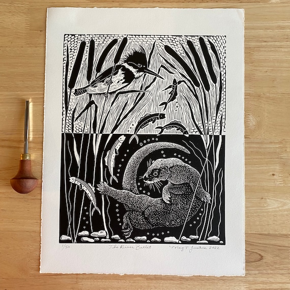 The River Ballet Linocut in Black,otter Linocut,kingfisher Linocut