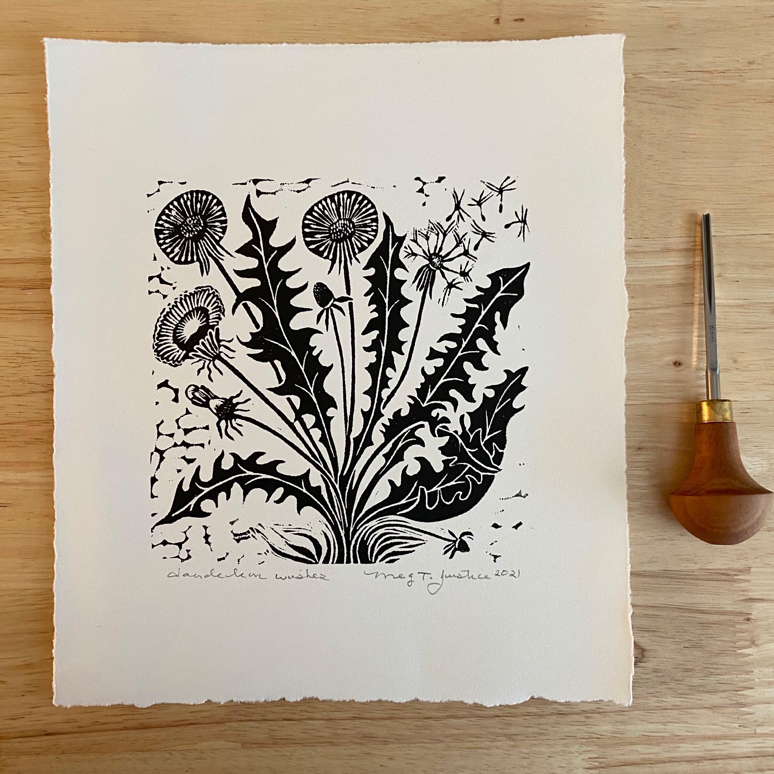 Dandelion linocut print herbal art original wildflower Etsy