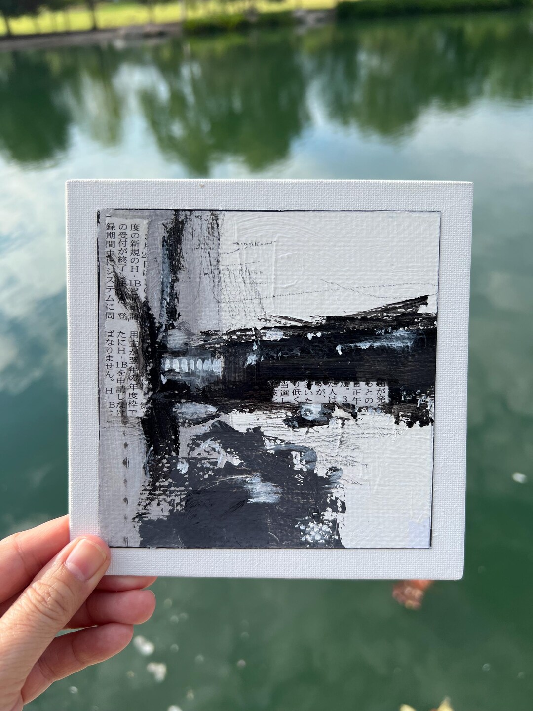 Mixed Media Asian Collage: Black & White Abstract Art (6x6 Flat Canvas ...