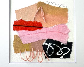 Collage Abstract Mixed Media Original Painting : 4x4 inch Art on 8x8 inch Bevel Mat No.2