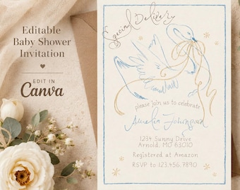 Editable Baby Shower Invitation Template, Stork Special Delivery Invite, Gender Neutral Canva Template, Instant Download