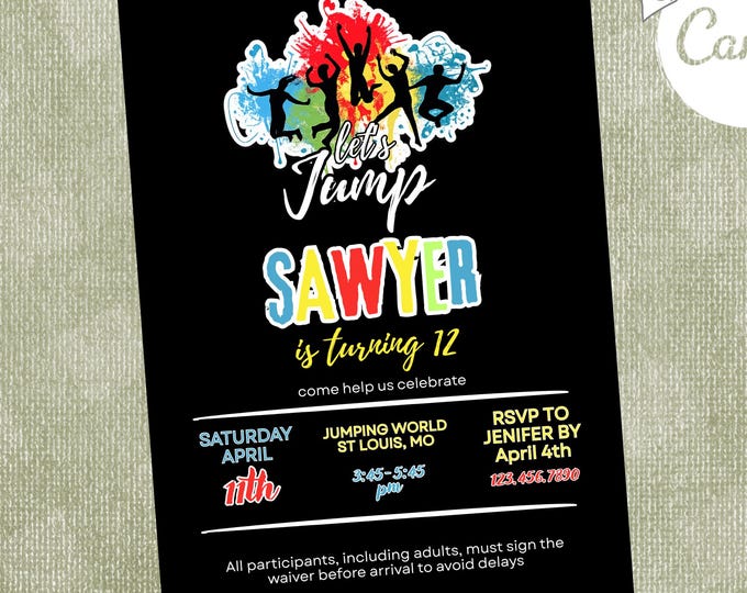 Jump Party Invitation Template | Trampoline Park Birthday Invitation | Editable Canva Kids Birthday Invite | Bounce House Party Invitation