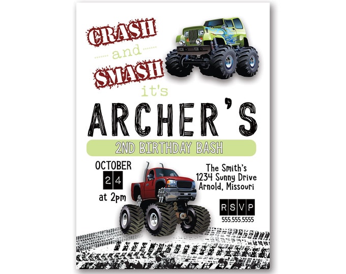 Monster Truck | Birthday Party Invitation | Personalized | Envelopes Included