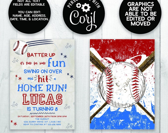 Swing on Over, Baseball, Softball, Birthday Party Invitation, Red White and Blue, Instant Download