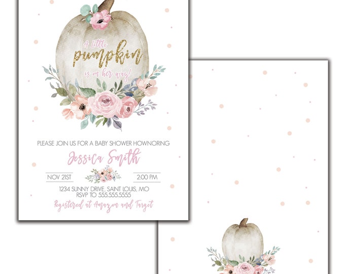 Little Pumpkin Baby Shower Invitation Download, Girl Fall Baby Shower invite, Watercolor baby, Pumpkin Baby Shower