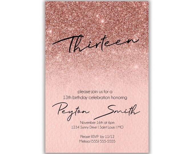 Rose Gold Birthday Party Invitation, Personalized, Envelopes Included with Printed Option, Printed or Digital DIY Invitation Cards