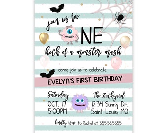 Monster Mash Invitation, Pastels, Little Girl Monster, Any Age, Birthday Party Digital