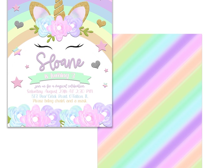 Magical Day, Unicorn Birthday Party Invitation, Personalized, Envelopes included with Printed option