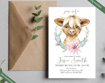 May include: A baby shower invitation with a watercolor illustration of a Highland cow with a floral crown of cactus and pink flowers. The text reads "join us for a baby shower to honor Jessica Smith, Saturday, May 18th, 1:00 PM - 5:00 PM, The Tea House, 1234 Sunny Drive, Saint Louis, MO, RSVP by 5/10 at 123.456.7890".