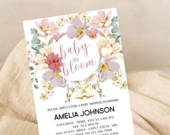 Dusty Rose Floral Baby SHower Invitation | Baby in Bloom | Instant Download