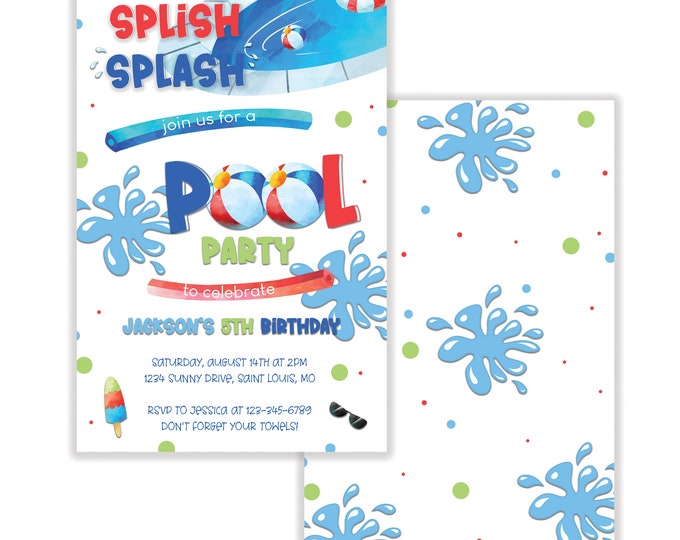 Pool Party, Summer Birthday Invitation, Envelopes Included with Printed Option