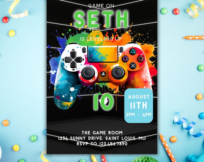 Gaming Party Invitation, Video Game Invitation, Video Game Birthday, Instand Download