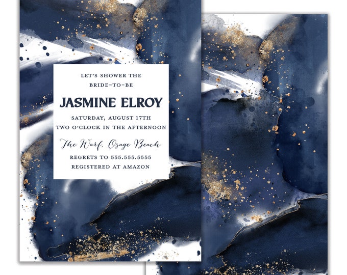 Wedding Shower Invitation, Bridal Shower Inviation, Navy Watercolor and Gold Accent Elegant