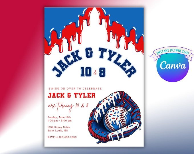 Baseball Birthday Bash Digital Invitation – Red, White, and Blue Ice Cream Glove Theme