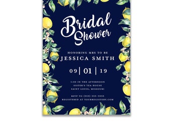 The Melange Market, Personalized Bridal Shower Invitations, Watercolor Lemon Wreath and Navy Background Digital or Printed Option