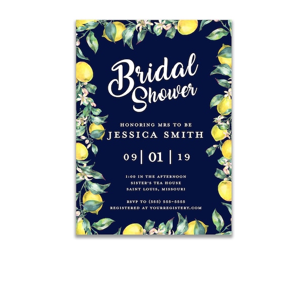 The Melange Market, Personalized Bridal Shower Invitations, Watercolor Lemon Wreath and Navy Background Digital or Printed Option
