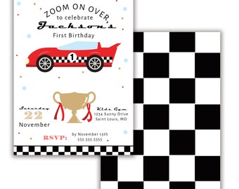 Race Car Birthday Invitation, Zoom On Over,  Checkered Race Car