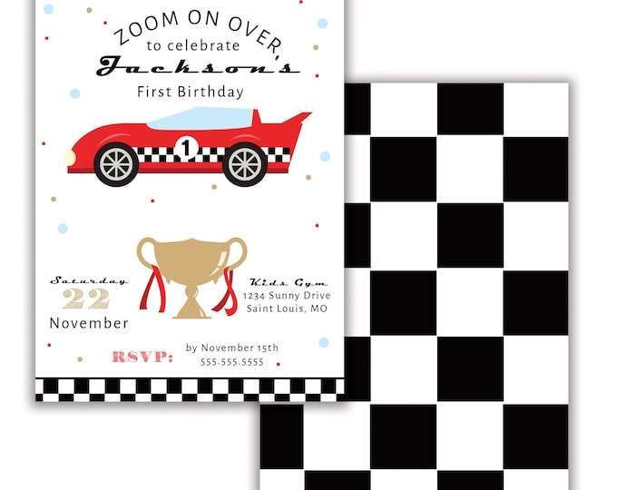 Race Car Birthday Invitation, Zoom On Over,  Checkered Race Car