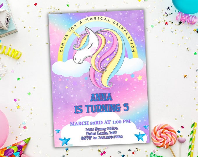 Unicorn Birthday Invitation, Pastel Unicorn, Rainbow Unicorn Invitation, Magical Celebration