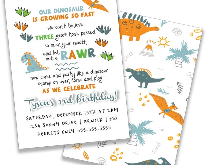 Dinosaur Themed Birthday Invite - Kids Birthday Invitation - Custom Party Invite - Printed Birthday Invitation - Digital Invitation