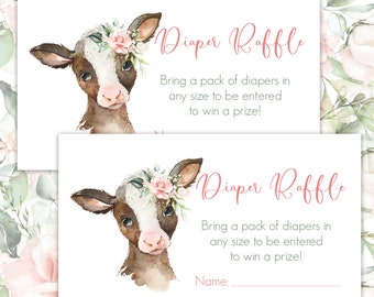 Diaper Raffle Ticket, Floral Farm Cow, Baby Shower Game Card, Baby Shower Addon Card, Diaper Ticket