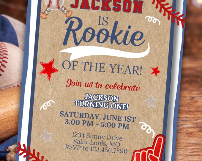 Rookie of the Year Birthday Invitation Template, First Birthday Baseball Invite, Editable Canva Template, Boy 1st Birthday Sports Invite
