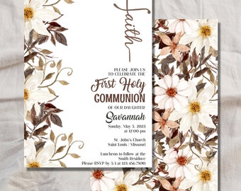 Muted Floral First Communion Invitation: Editable Template (Instant Download)