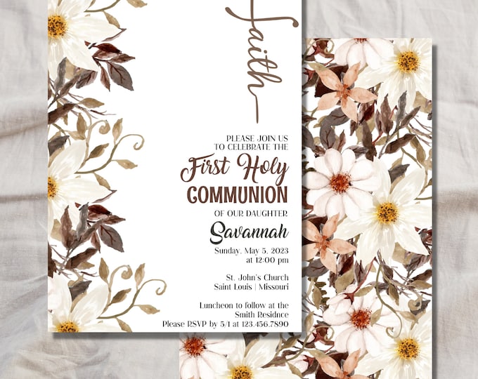 Muted Floral First Communion Invtation, Girl First Communion, Instant Download