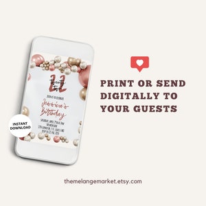 May include: A digital invitation for a 22nd birthday party with a rose gold and white balloon theme. The invitation features the text "twenty two" and "Jessica's Birthday".